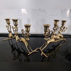 Flying Reindeer Solid Brass Candle Holder Set Vintage Christmas Candelabra